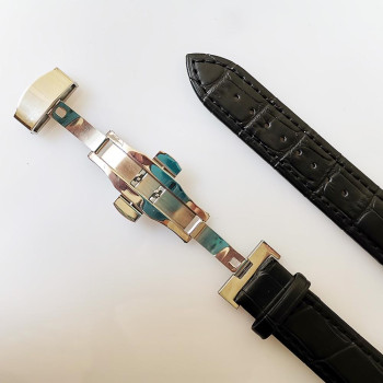 Змінна шкіряна ремінка 22 мм з застібкою "бабочка" Чорний з чорним рядком