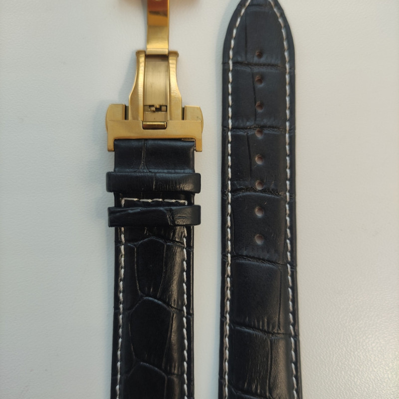 Змінна шкіряна ремінка 24 мм с застібкою "бабочка" Чорний застібка золото