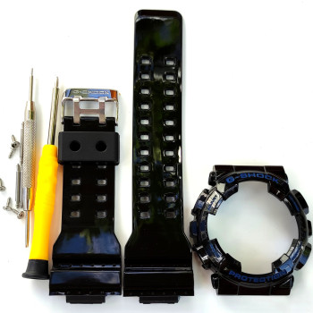 Casio ремінець + безель для G-SHOCK GA-100 / GA-110 / GA-120 / GD-100 / GD-120 / GAX-100 / GLS-100 Глянцевий Чорний із синім