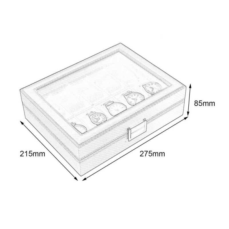 Коробка для годинника з вуглецевого волокна на десять відділів. Великий бокс для годинника. Чорний