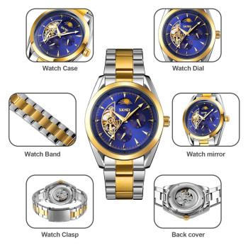 Чоловічий механічний годинник скелетон Skmei 9237. Срібло з золотом