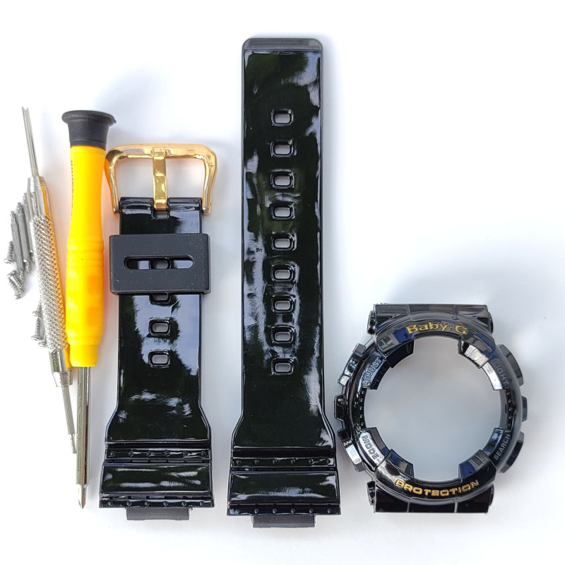 Casio ремінець + безель (рант) для годинника Casio Baby-G BA-110 / BA-111 / BA-112 Чорний. Глянсовий