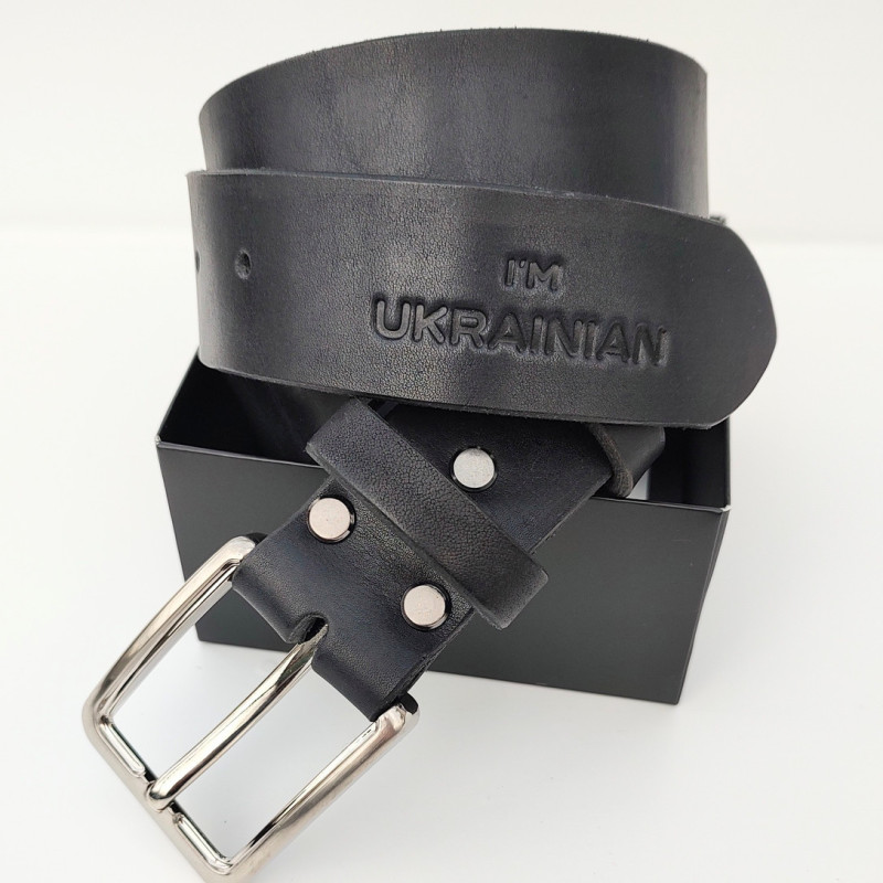 Чоловічий шкіряний патріотичний ремінь. Украина. Чорний 1250