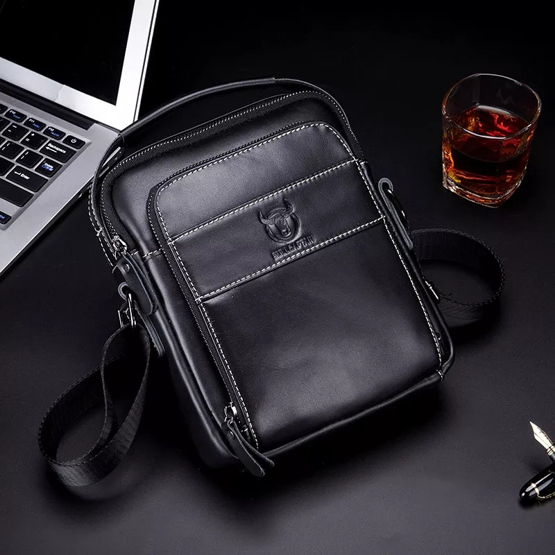 Шкіряна повсякденна ділова чоловіча сумка з натуральної шкіри. Чорна