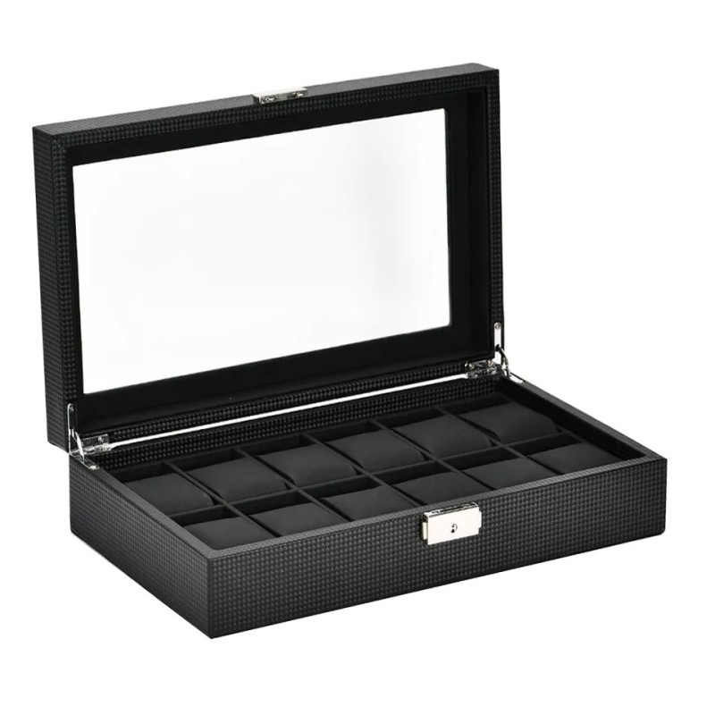 Скринька для зберігання годинників, на 12 відділень, карбон. З ключем