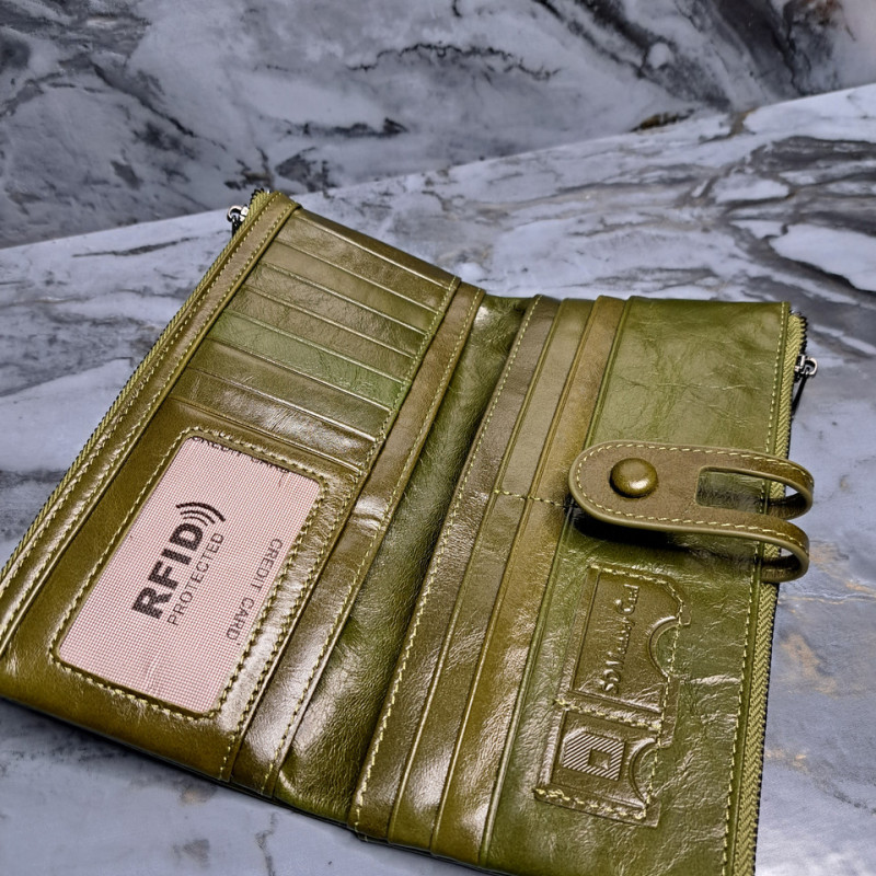 Гаманець довгий із натуральної шкіри. Портмоне. Шкіряний гаманець клатч унісекс Зелений