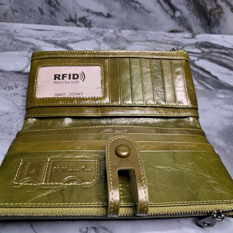 Гаманець довгий із натуральної шкіри. Портмоне. Шкіряний гаманець клатч унісекс Зелений