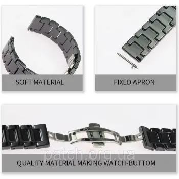 Браслет для годинника керамічний, глянцевий 20 мм Чорний велика ланка