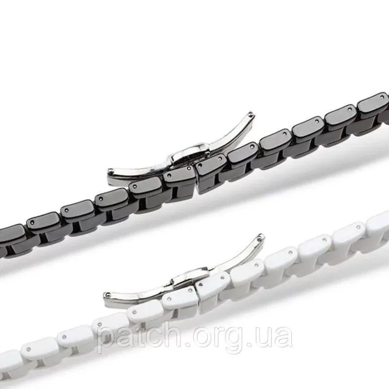 Браслет для годинника керамічний, глянцевий 20 мм Чорний велика ланка