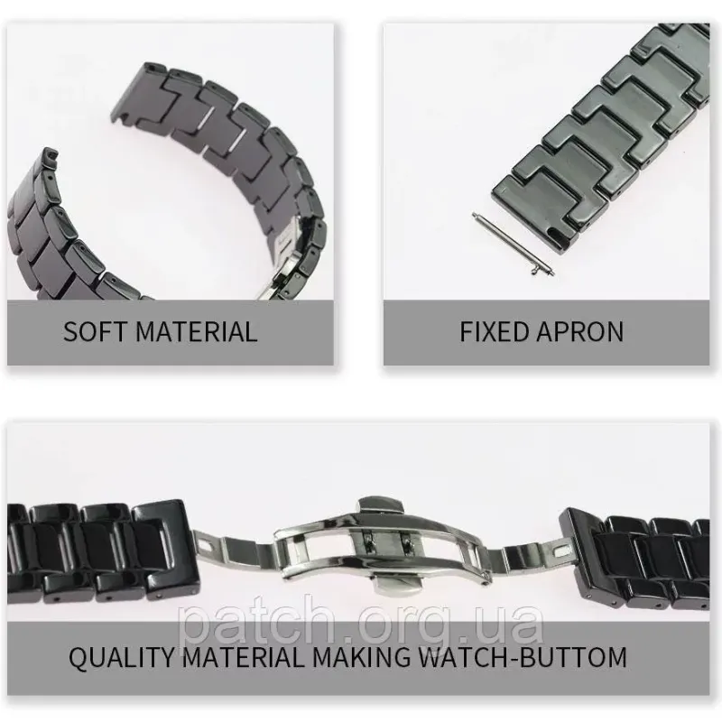 Браслет для годинника керамічний, глянсовий. 22 мм. Чорна велика ланка