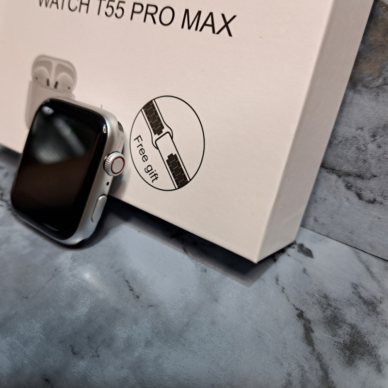 Смарт годинник T55 PRO MAX з двома ремінцями + бездротові навушники. Білий
