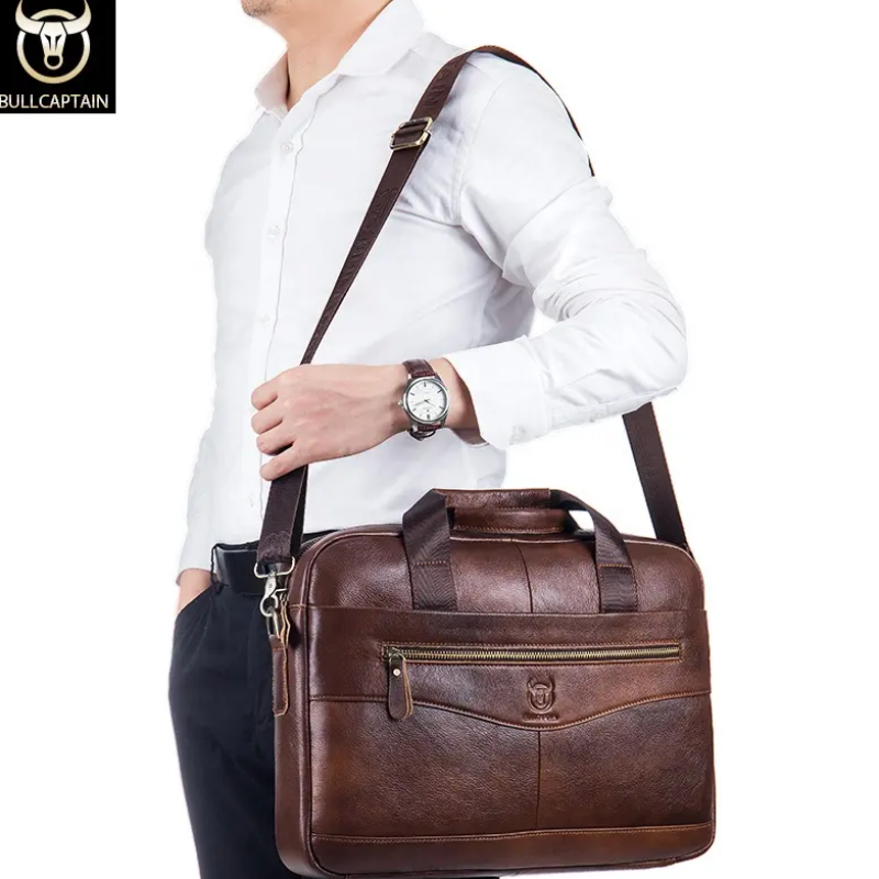 Чоловічий діловий портфель з натуральної шкіри, повсякденна сумка через плече в стилі ретро Чорний