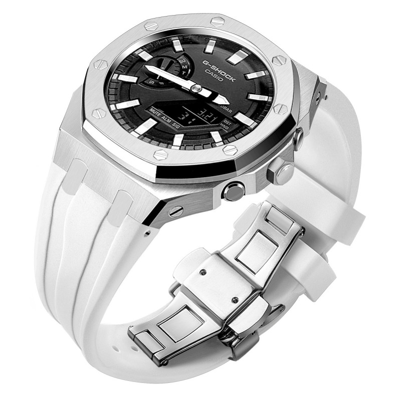 Ремінець, безель (рант) для годинника Casio G-SHOCK GA-2100 / GA-2110 / GA-B2100 Сріблястий із білим