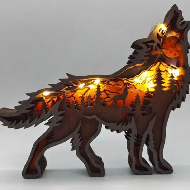 Декоративна дерев'яна іграшка-пазл 3D  "Вовк" з гірляндою