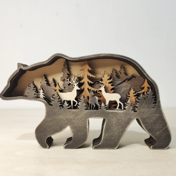 Декоративна дерев'яна іграшка-пазл 3D  "Ведмідь" з гірляндою