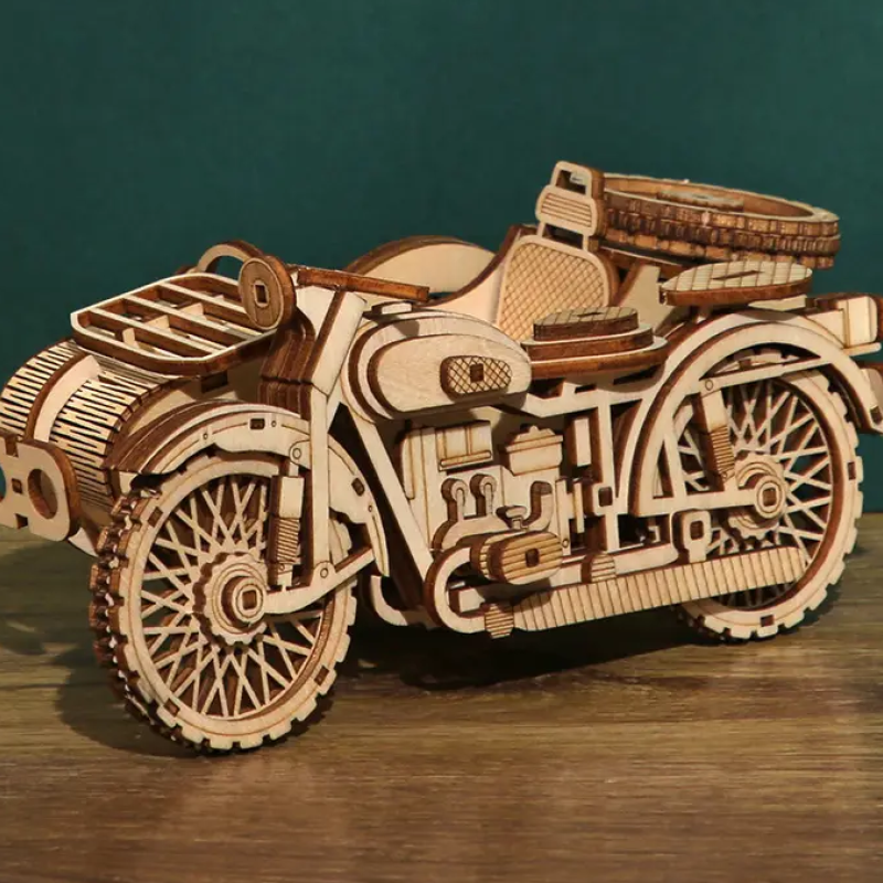 Декоративна дерев'яна іграшка-пазл 3D  "Мотоцикл" з коляскою