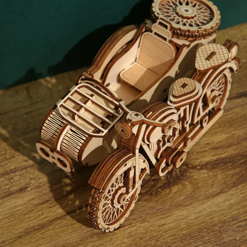 Декоративна дерев'яна іграшка-пазл 3D  "Мотоцикл" з коляскою