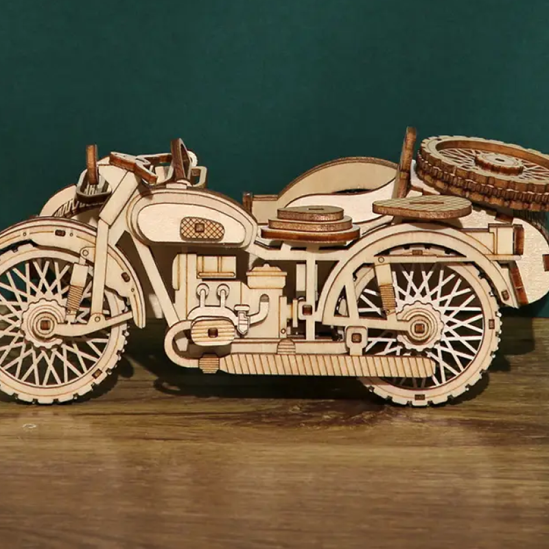 Декоративна дерев'яна іграшка-пазл 3D  "Мотоцикл" з коляскою