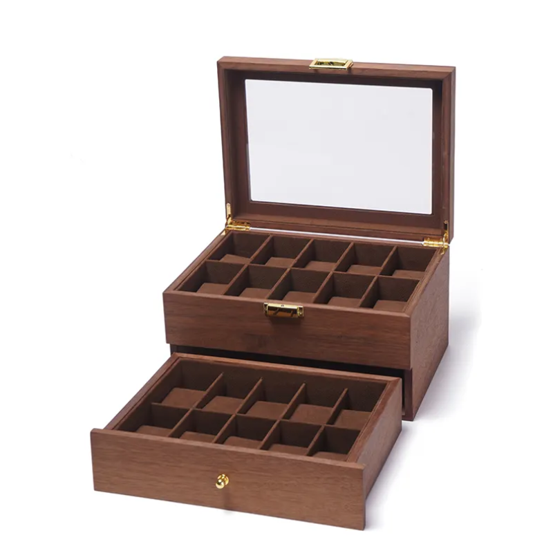 Коробка для годинників з дерева на 20 відділень. Скринька для прикрас. Коричнева