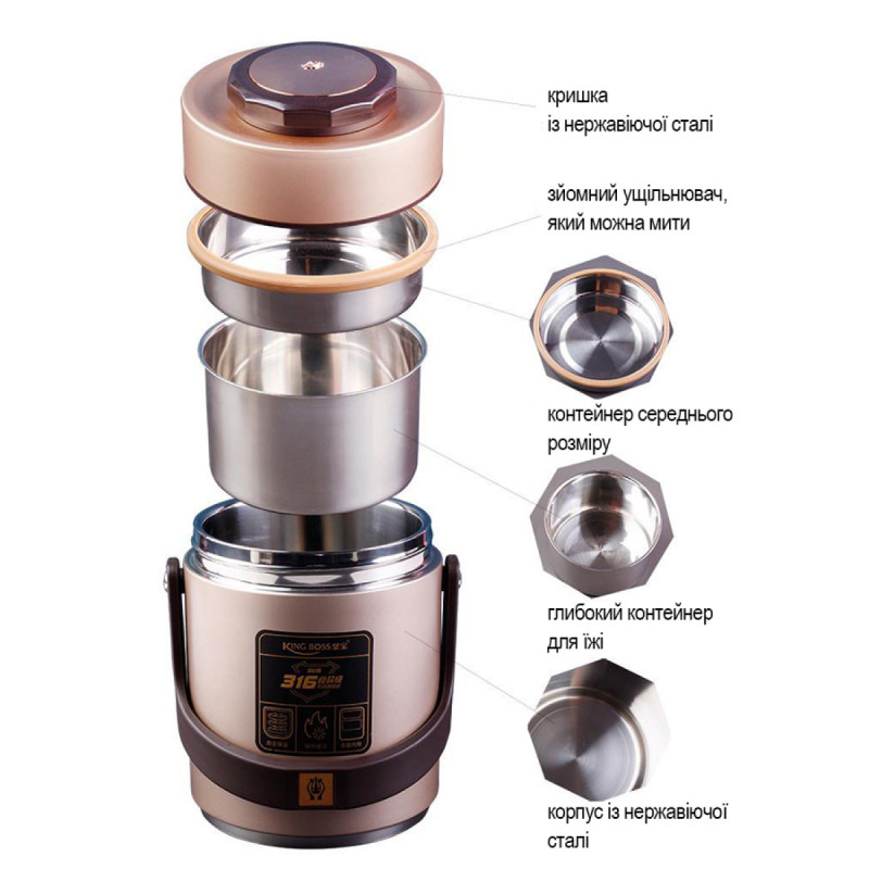 Термос для їжі з 2 контейнерами на 1.5л з нержавіючої сталі до 12 годин