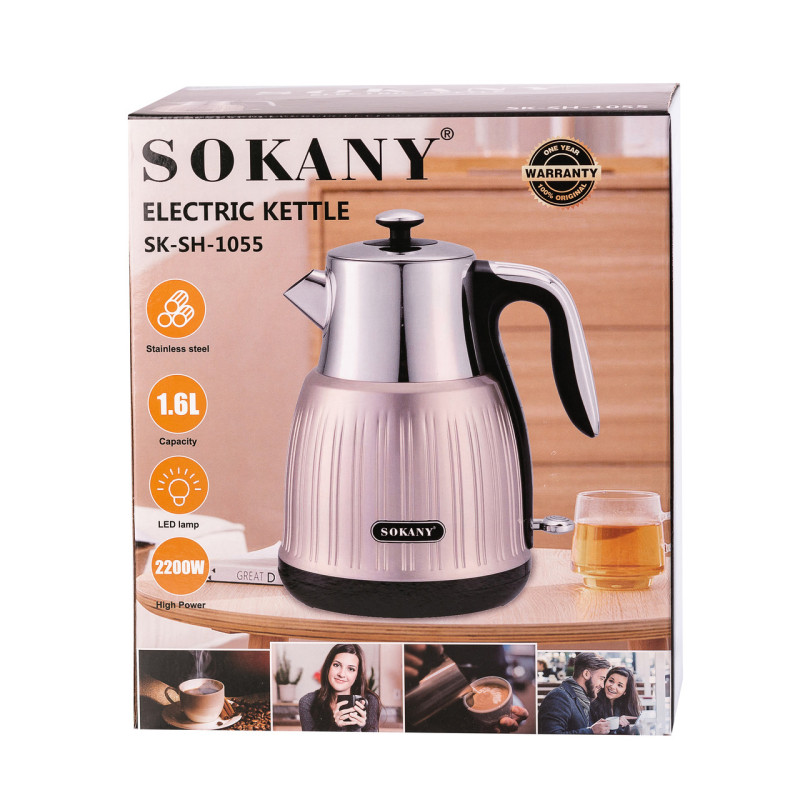 Електрочайник безшумний з нержавійки на 1,8 л 3000 Вт Sokany SK-SH-1055