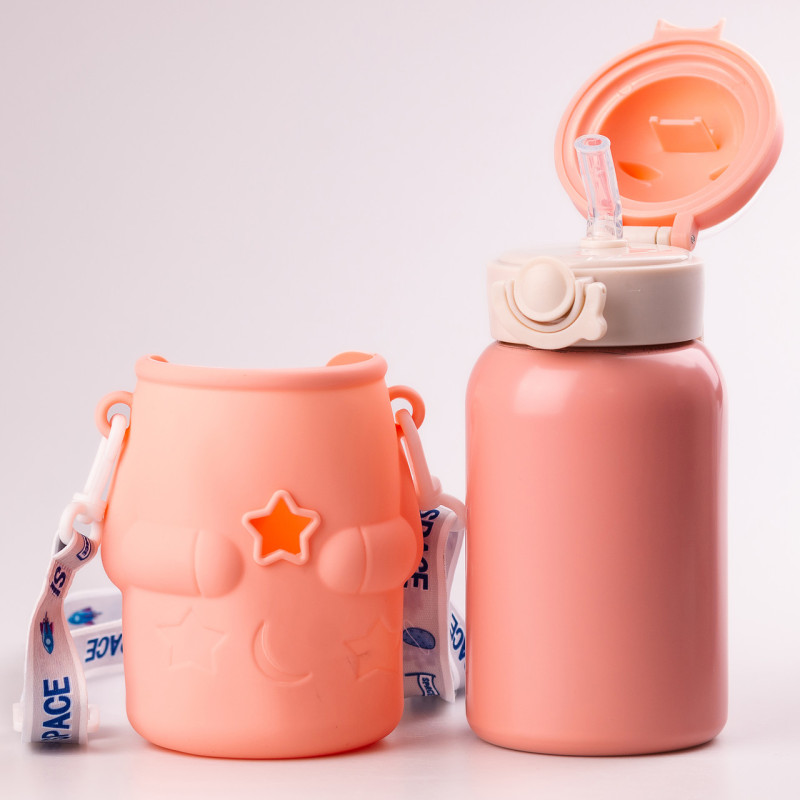 Термос дитячий з трубочкою та ремінцем 500 мл з нержавіючої сталі Персиковий