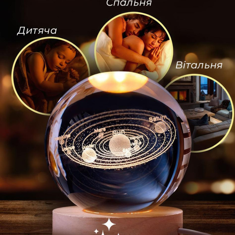 Декоративний 3D нічник кришталева куля "Лист конюшини", декоративна нічна лампа 3D