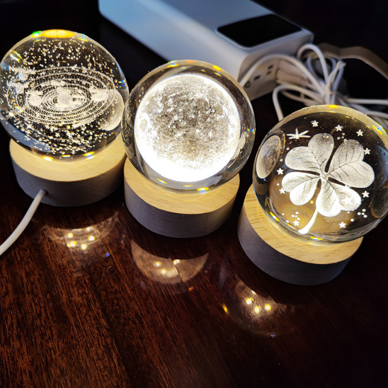 Декоративний 3D нічник кришталева куля "Лист конюшини", декоративна нічна лампа 3D